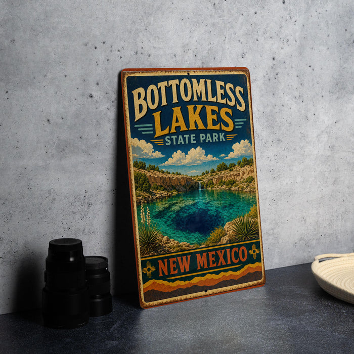 A vintage-style metal sign for Bottomless Lakes State Park in New Mexico, featuring a scenic landscape with a lake and mountains.