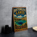 A vintage-style metal sign for Bottomless Lakes State Park in New Mexico, featuring a scenic landscape with a lake and mountains.