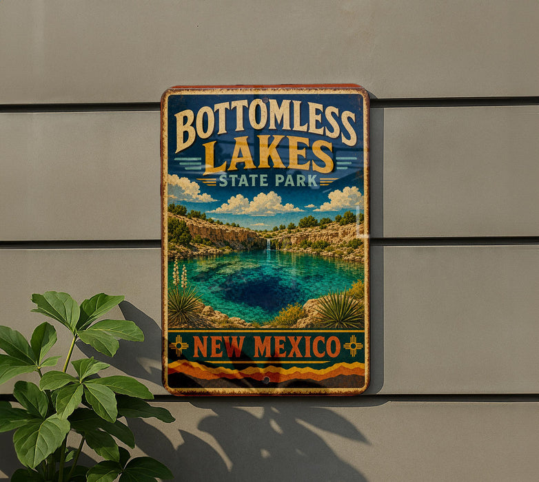 A vintage-style sign for Bottomless Lakes State Park in New Mexico, featuring a scenic landscape with a lake and mountains.