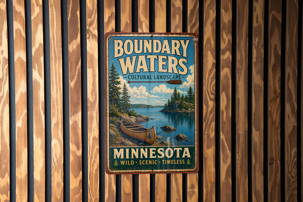 A vintage-style metal sign with a canoe and a scenic landscape, mounted on a wooden wall.
