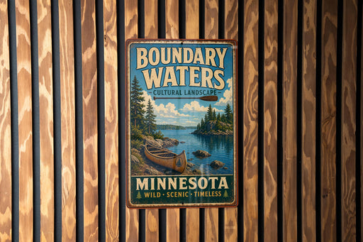 A vintage-style metal sign with a canoe and a scenic landscape, mounted on a wooden wall.