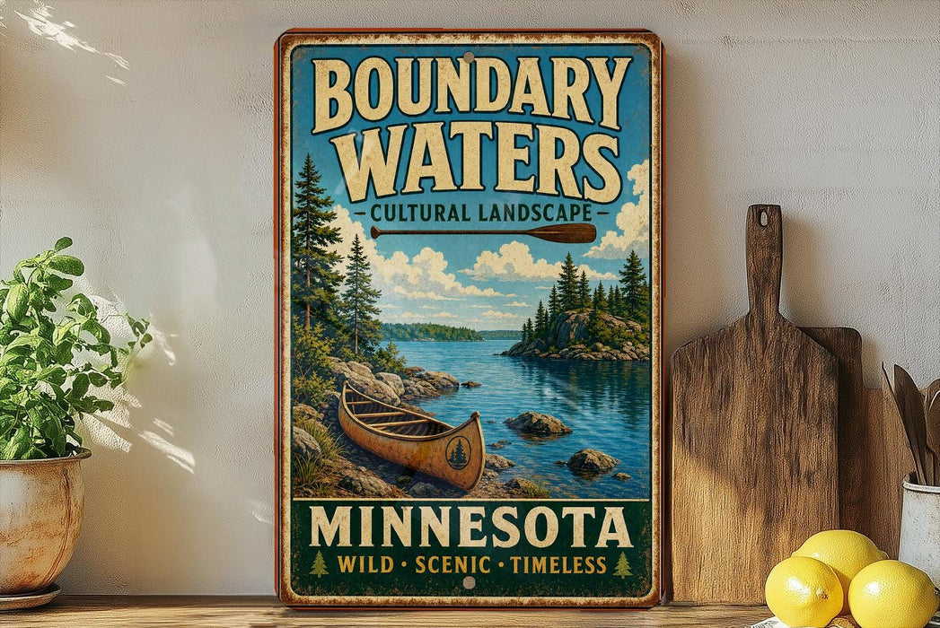 A vintage-style metal sign advertising Boundary Waters, a Minnesota cultural landscape, featuring a canoe on a lake surrounded by pine trees.