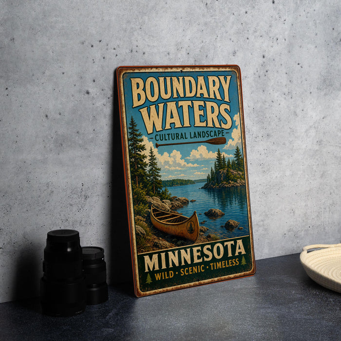 A vintage-style metal sign advertising Boundary Waters, a Minnesota wilderness area, with a canoe and a scenic lake landscape.