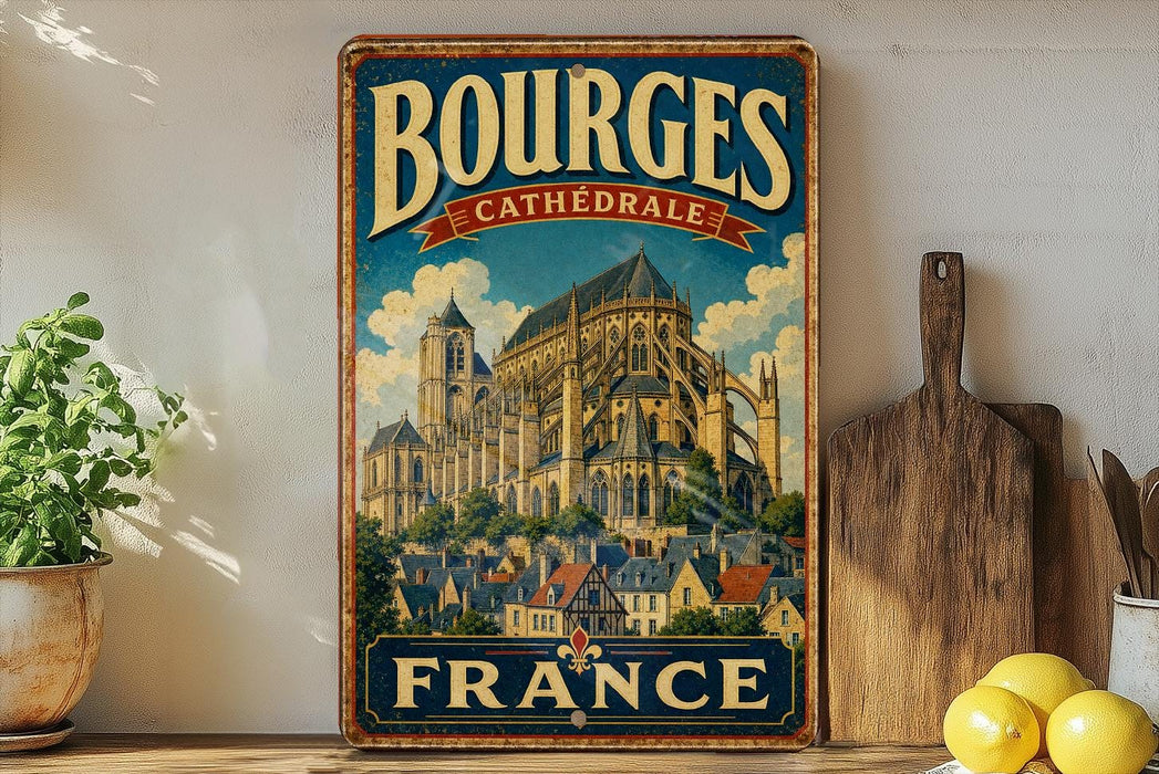 A vintage-style metal sign displaying the name 'BOURGES CATHEDRAL FRANCE' with an illustration of a cathedral in the background.
