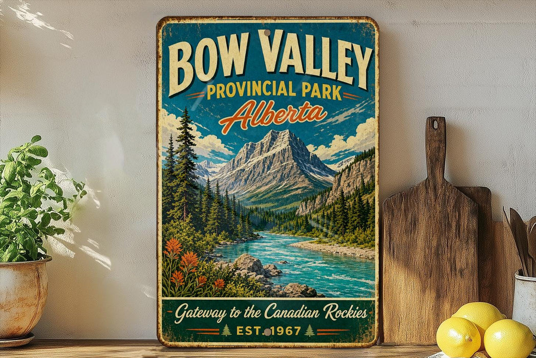 A vintage-style sign for Bow Valley Provincial Park, Alberta, featuring a scenic mountain landscape with a river and pine trees.