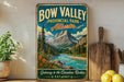 A vintage-style sign for Bow Valley Provincial Park, Alberta, featuring a scenic mountain landscape with a river and pine trees.