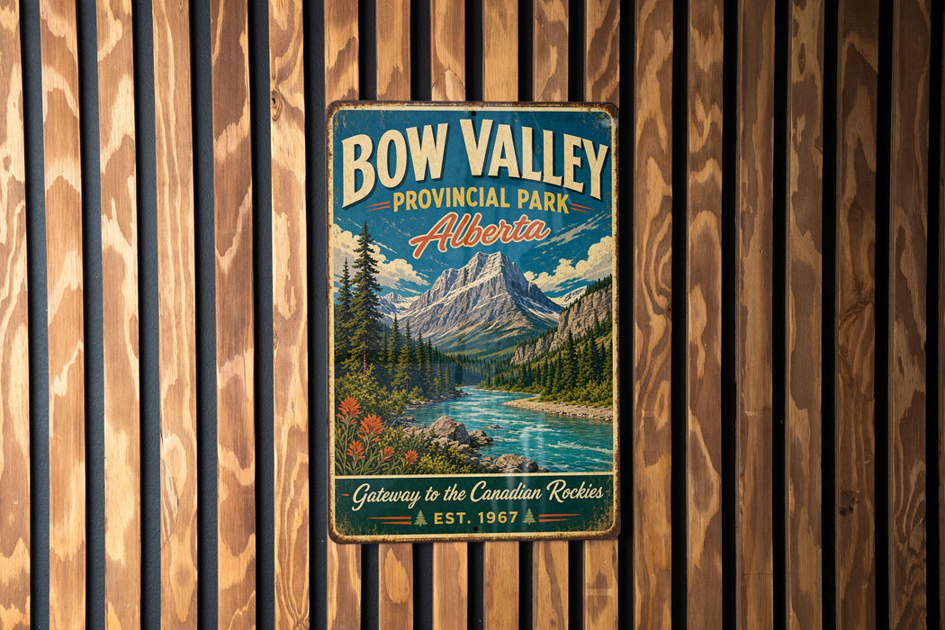 A vintage metal sign for Bow Valley Provincial Park, Alberta, featuring a scenic mountain landscape with a river and pine trees.