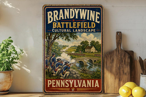 A vintage-style sign for Brandywine Battlefield Cultural Landscape in Pennsylvania, featuring a painting of soldiers in uniform and a scenic landscape.