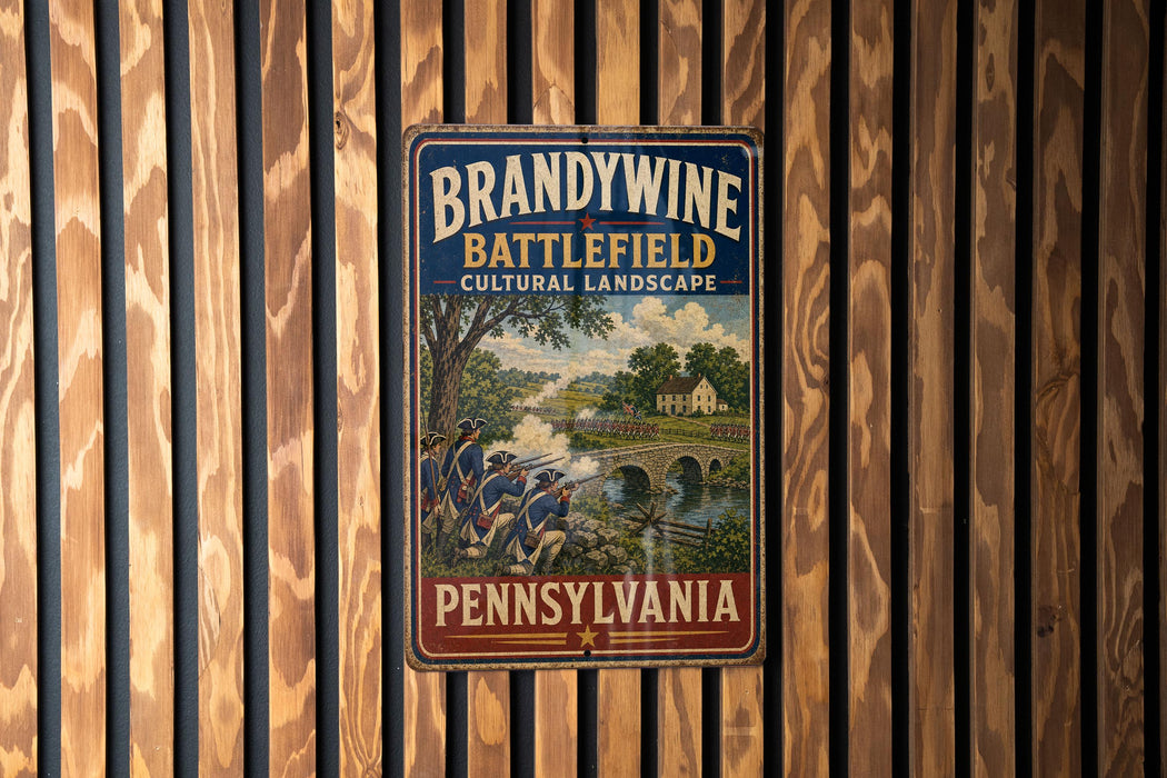 A vintage metal sign with the text "BRANDYWINE BATTLESHIP" and "CULTURAL LANDSCAPE" is displayed on a wooden wall.