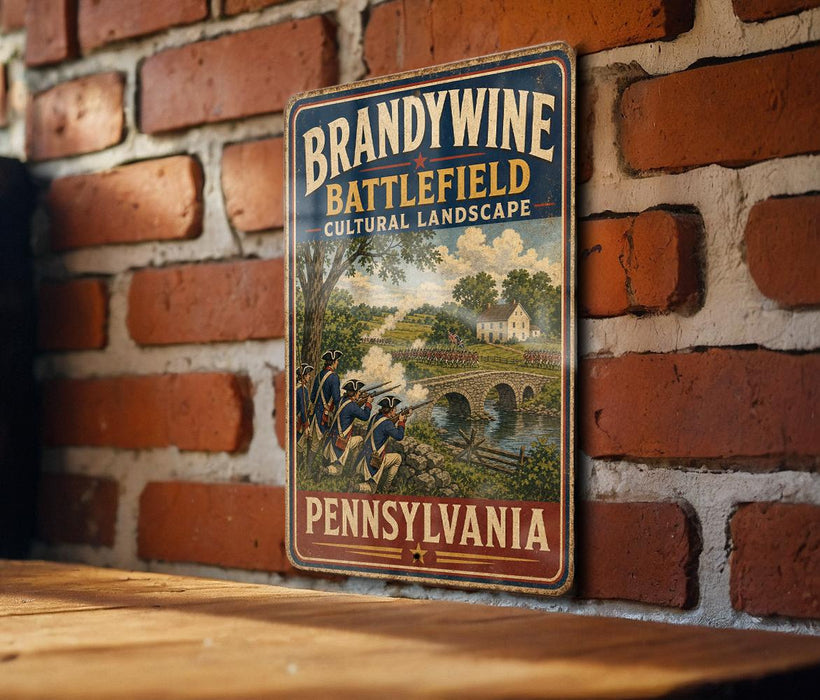A vintage metal sign with the text "BRANDYWINE BATTLEFIELD CULTURAL LANDSCAPE PENNSYLVANIA" is displayed on a brick wall.