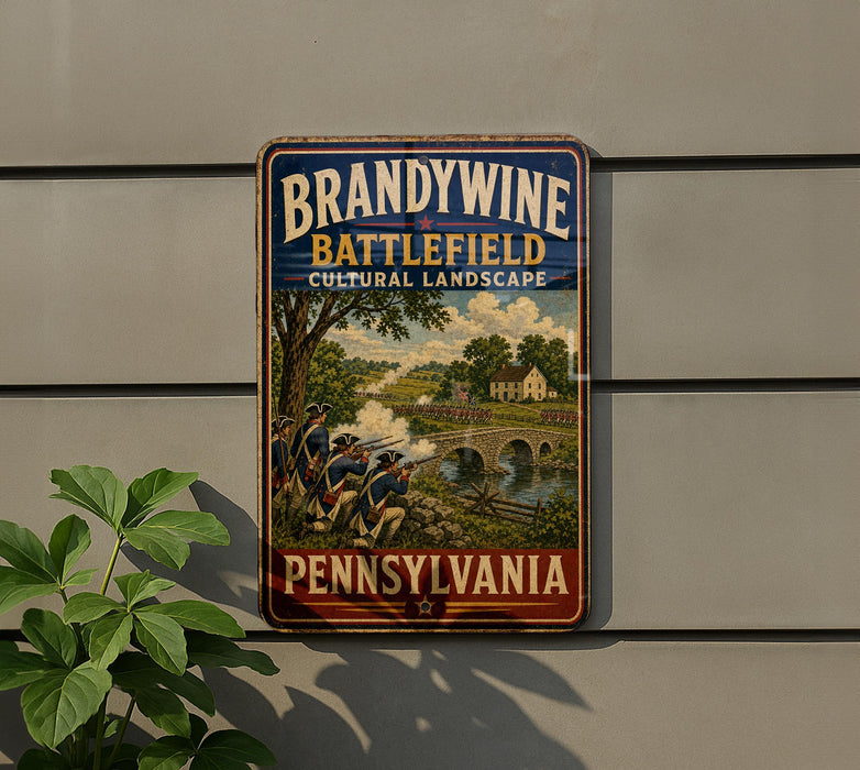 A vintage metal sign with the text "BRANDYWINE BATTLEFIELD CULTURAL LANDSCAPE PENNSYLVANIA" is displayed on a wall, with a plant to the left.