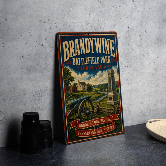 A vintage metal sign for Brandywine Battlefield Park in Pennsylvania, featuring a cannon and a banner that reads "Honoring Our Heritage Preserving Our History".
