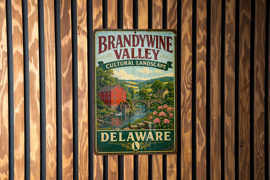 A vintage metal sign for Brandywine Valley, featuring a scenic landscape with a red brick building, a mill, and a river with a bridge.