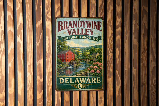 A vintage metal sign for Brandywine Valley, featuring a scenic landscape with a red brick building, a mill, and a river with a bridge.