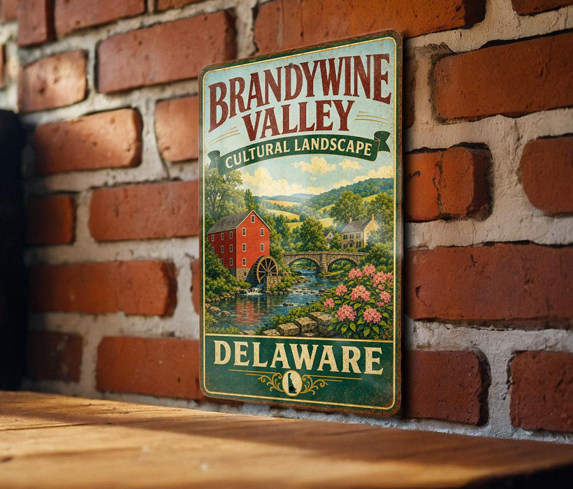 A vintage metal sign for Brandywine Valley, featuring a scenic landscape with a red brick building, a bridge, and a river with pink flowers.