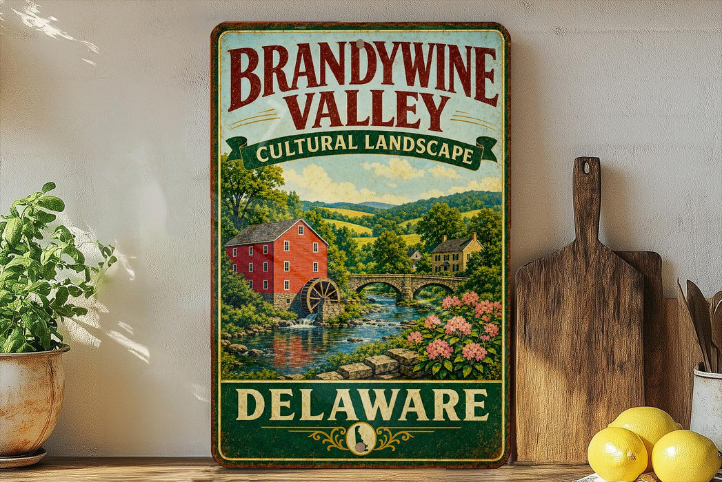 A vintage-style sign for Brandywine Valley, featuring a scenic landscape with a red brick building, a bridge, and a river with pink flowers.