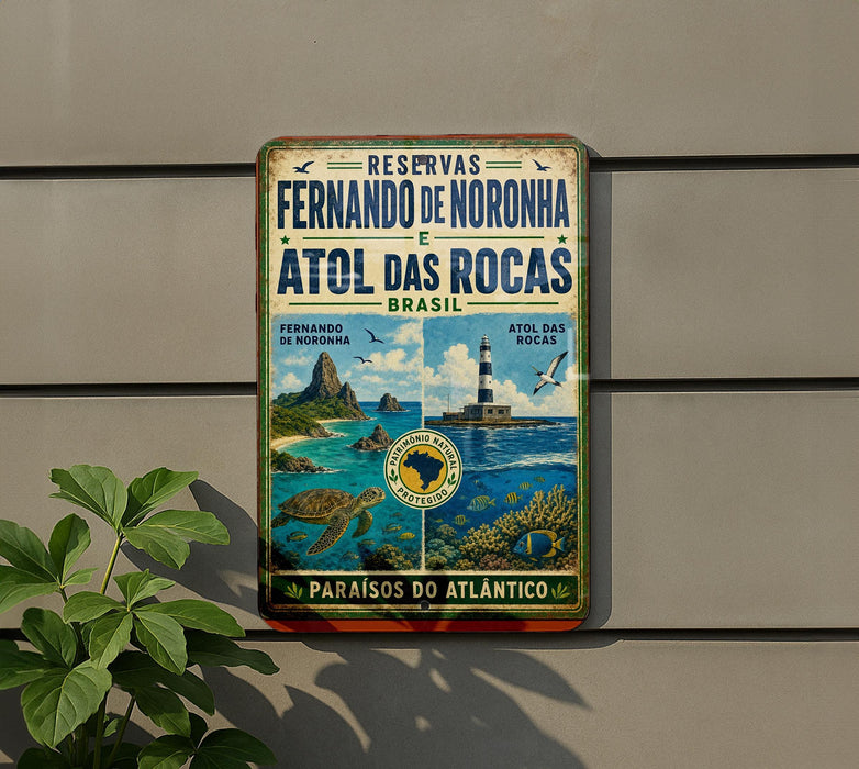 a vintage-style sign with a collage of images depicting a tropical beach scene, including a lighthouse, palm trees, and a large fish.