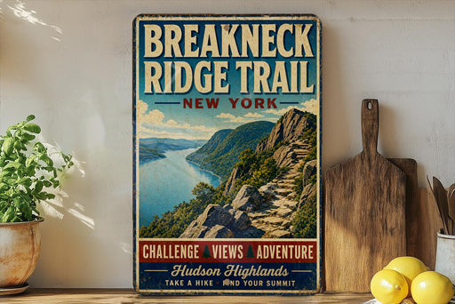 A vintage-style metal sign for the Breakneck Ridge Trail in New York, featuring a scenic mountain landscape with a river and hiking path.