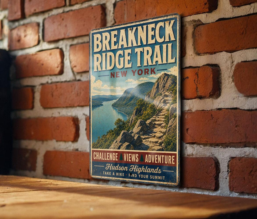 A vintage-style metal sign for the Breakneck Ridge Trail in New York, featuring a scenic mountain landscape and the trail's name.