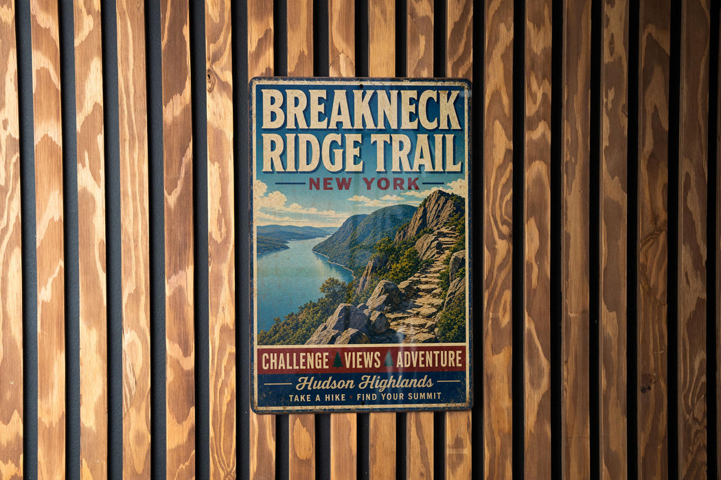 A vintage-style metal sign for the Breakneck Ridge Trail in New York, featuring a scenic mountain landscape and the trail's name.