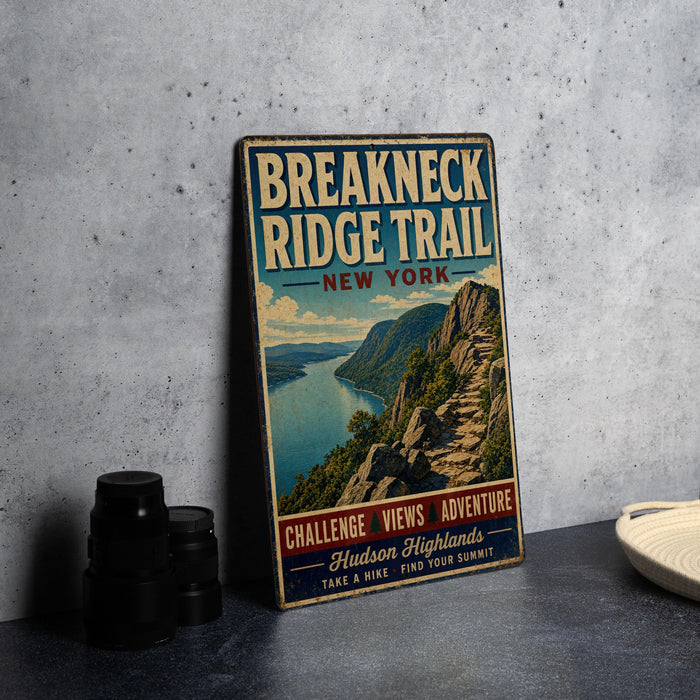 A vintage-style metal sign for the Breakneck Ridge Trail in New York, featuring a scenic mountain landscape and the trail's name.