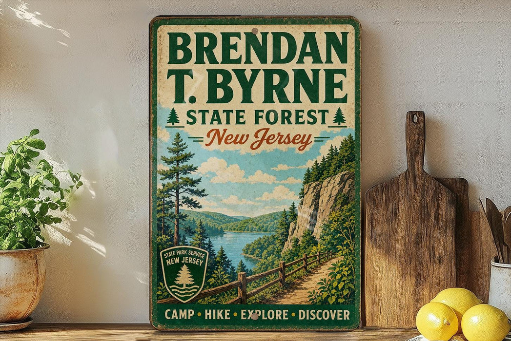 A vintage-style sign for the State Forest in New Jersey, featuring a scenic landscape with a river, mountains, and a wooden fence.