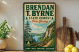A vintage-style sign for the State Forest in New Jersey, featuring a scenic landscape with a river, mountains, and a wooden fence.