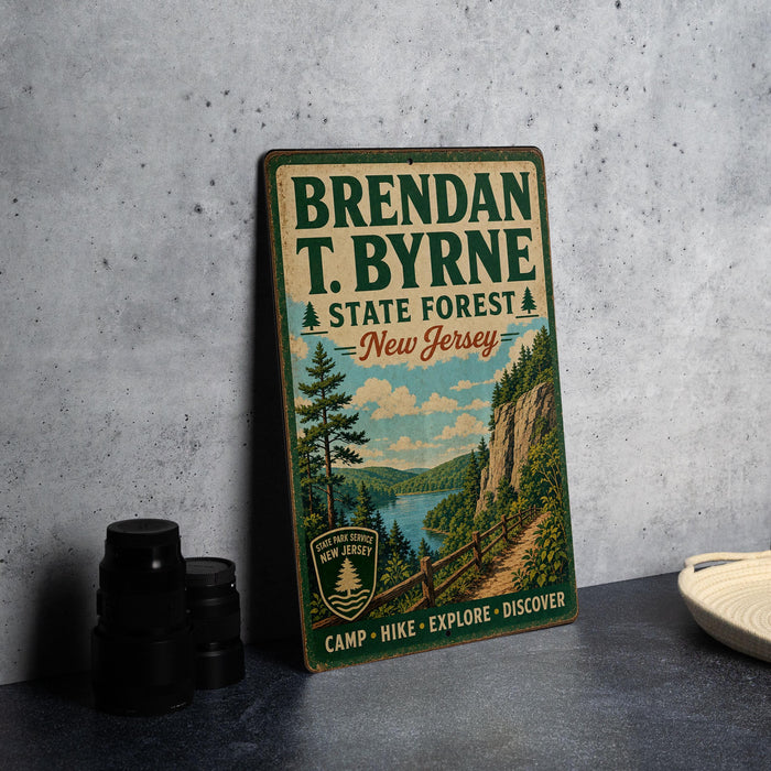 A vintage metal sign for Brendan T. Byrne State Forest in New Jersey, featuring a scenic illustration of a forest and a lake.