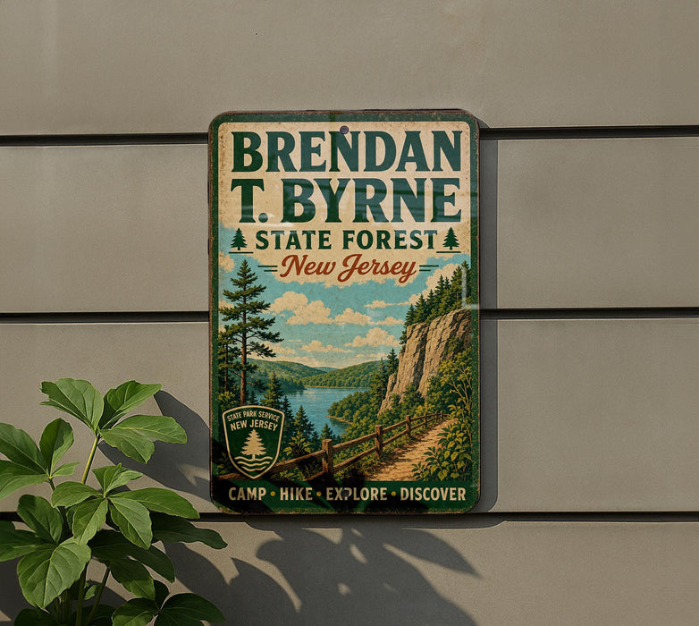A vintage-style sign for Brendan T. Byrne State Forest in New Jersey, featuring a scenic landscape with a river, mountains, and pine trees.