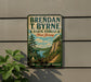 A vintage-style sign for Brendan T. Byrne State Forest in New Jersey, featuring a scenic landscape with a river, mountains, and pine trees.