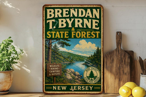 A vintage-style metal sign for the State Forest in New Jersey, featuring a scenic landscape with a river, pine trees, and mountains.