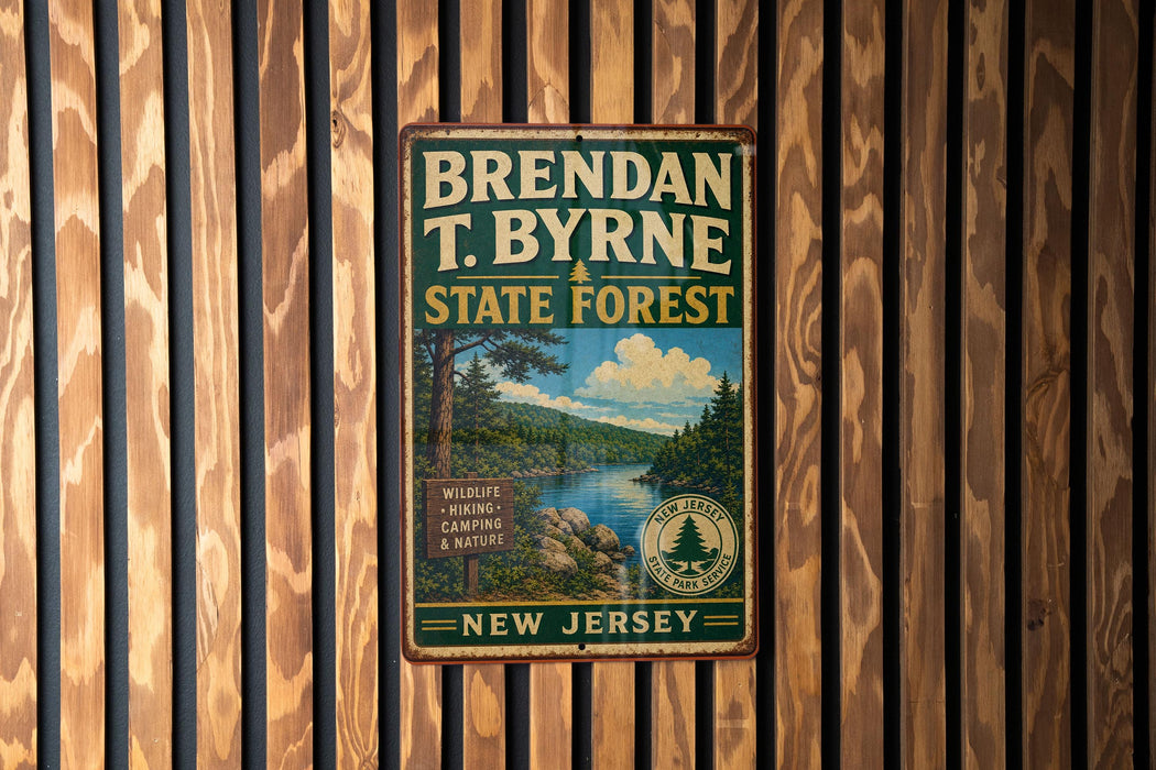 A vintage metal sign for the State Forest in New Jersey, featuring a scenic landscape with a river and pine trees.