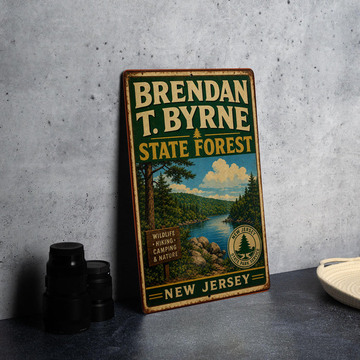A vintage metal sign for the State Forest in New Jersey, featuring a scenic landscape with a river and pine trees.