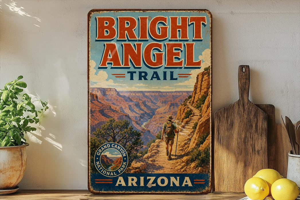 A vintage-style metal sign for the Bright Angel Trail in Grand Canyon National Park, Arizona, featuring a scenic illustration of a hiker on a trail surrounded by the Grand Canyon landscape.