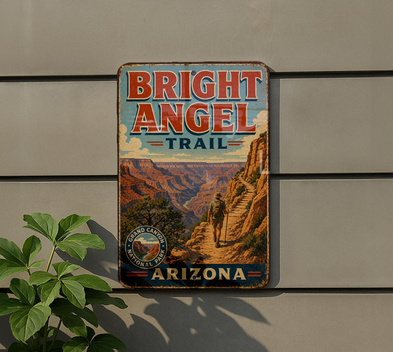 A vintage trail sign for the Bright Angel Trail in Grand Canyon National Park, Arizona.