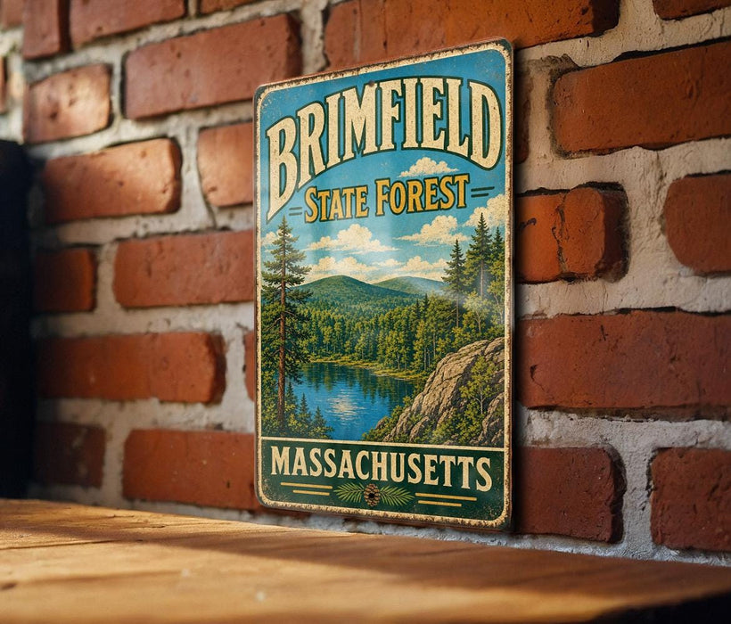 A vintage metal sign for Brimfield State Forest in Massachusetts, featuring a scenic landscape with a lake and mountains.