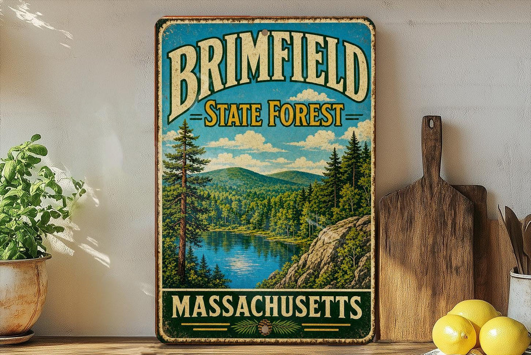 A vintage metal sign for the Brimfield State Forest in Massachusetts, featuring a scenic landscape with a lake and mountains.