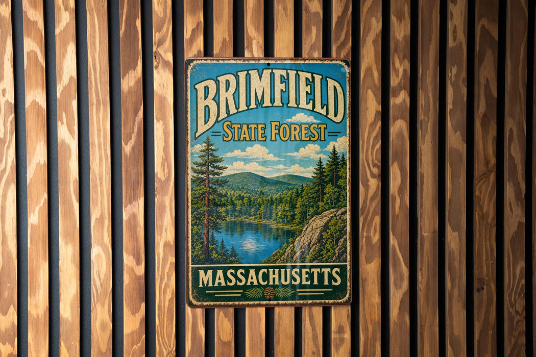 A vintage metal sign for the Brimfield State Forest in Massachusetts, featuring a scenic landscape with a lake and mountains.