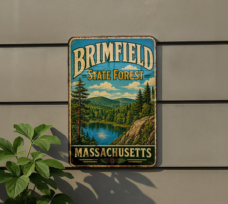 A vintage metal sign with the text "BRIMFIELD STATE FOREST" and "MASSACHUSETTS" is displayed on a wall, with a plant to the left.