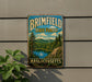 A vintage metal sign with the text "BRIMFIELD STATE FOREST" and "MASSACHUSETTS" is displayed on a wall, with a plant to the left.
