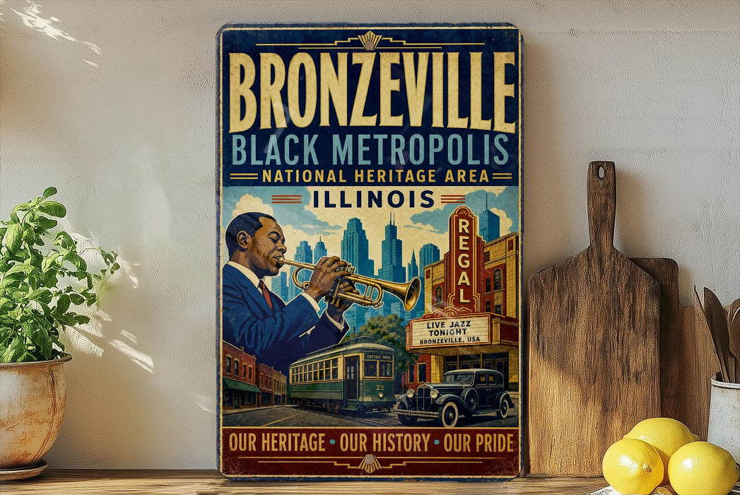 a vintage poster of a man playing a trumpet in front of a cityscape, with the text "BRONZEVILLE BLACK METROPOLIS NATIONAL HERITAGE AREA ILLINOIS" and "OUR HERITAGE - OUR HISTORY - OUR PRIDE" prominently displayed.