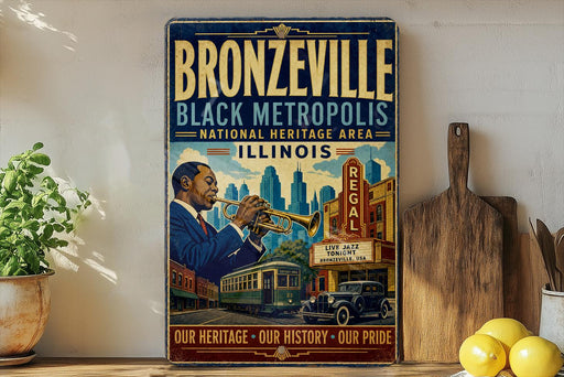 a vintage poster of a man playing a trumpet in front of a cityscape, with the text "BRONZEVILLE BLACK METROPOLIS NATIONAL HERITAGE AREA ILLINOIS" and "OUR HERITAGE - OUR HISTORY - OUR PRIDE" prominently displayed.