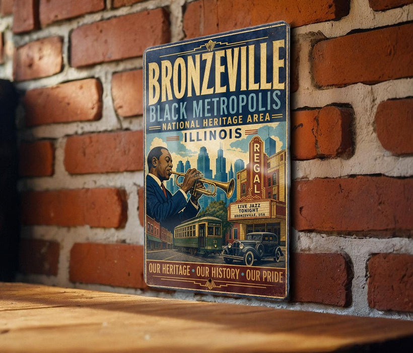 A vintage-style metal sign for the "Bronzeville Black Metropolis" in Illinois, featuring an illustration of a man playing a trumpet in front of a brick building.