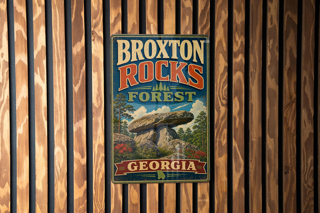 A vintage metal sign for Broxton Rocks Forest in Georgia, featuring a scenic image of a rock formation surrounded by trees and flowers.