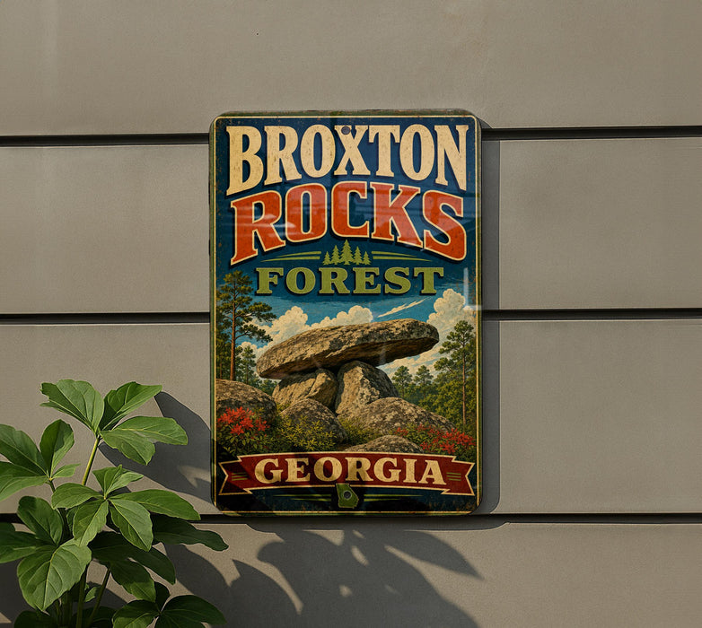 A vintage-style metal sign for the Broxton Rocks Forest in Georgia, featuring a large rock formation and surrounded by trees and flowers.