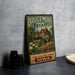 A vintage metal sign for Brucemore Estate in Iowa, featuring an illustration of a large house surrounded by flowers and greenery.