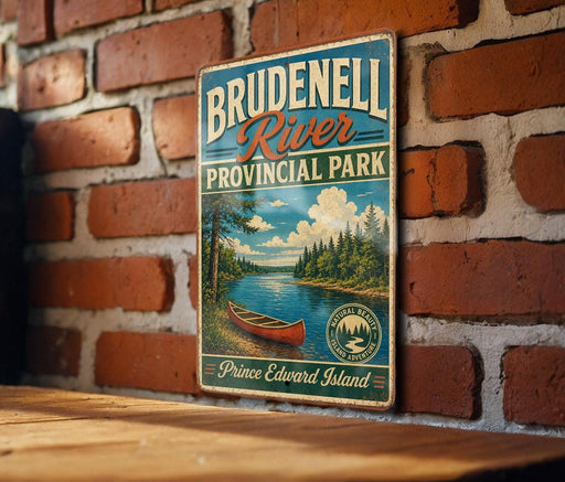 A vintage-style sign for Bridgetown River Provincial Park, featuring a scenic illustration of a canoe on the river and a forest landscape.