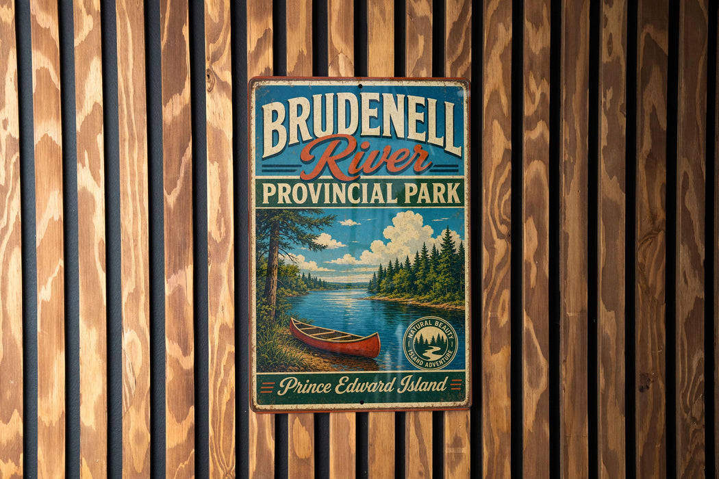 A vintage-style metal sign for Brudenzell River Provincial Park, featuring a scenic illustration of a lake, canoe, and forest landscape.