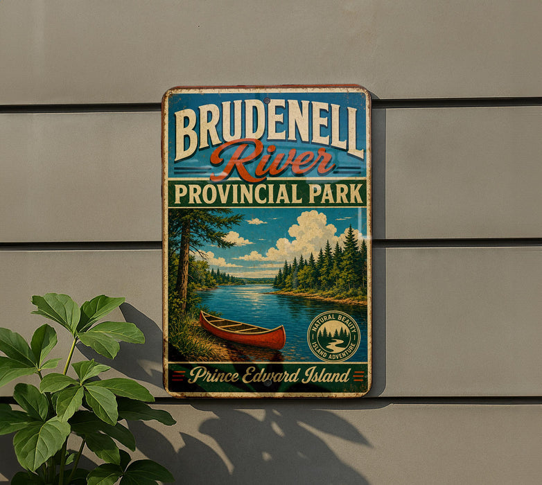 A vintage-style metal sign for Brudenzell River Provincial Park, featuring a canoe and a scenic landscape.