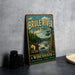 A vintage metal sign for the Brule River State Forest in Wisconsin, featuring a scenic illustration of the river surrounded by pine trees and mountains.